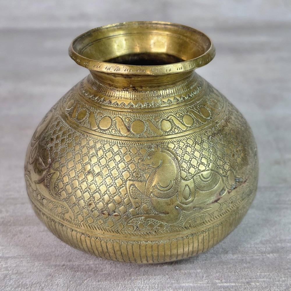 Antique Indian Solid Brass Vessel Hand Crafted Horse Engraved Lota Kalash 4"